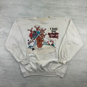 Vintage 80s Christmas Parody Sweatshirt Size Large White Santa Reindeer Crewneck